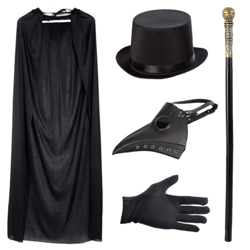 Pestdoktor-Maske Retro Leder Vogelmaske mit schwarzem Zylinder König Gehstock Schwarz Kapuzenumhang Schwarze Handschuhe Halloween Kostüm Requisiten Pestdoktor-Maske Retro Leder Vogelmaske mit schwarzem Zylinder König Gehstock Schwarz Kapuzenumhang Schwarze Handschuhe Halloween Kostüm Requisiten von Lifreer