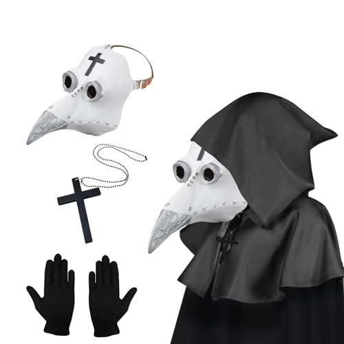Pest Doktor Maske, Steampunk Vogel Maske, Halloween Kostüm für Männer, Pest Arzt Kostüm Erwachsene, Gold Halloween Maske mit Handschuhen & Kapuzenumhang für Gothic Halloween Kostüm (Weiß Silber) Pest Doktor Maske, Steampunk Vogel Maske, Halloween Kostüm für Männer, Pest Arzt Kostüm Erwachsene, Gold Halloween Maske mit Handschuhen & Kapuzenumhang für Gothic Halloween Kostüm (Weiß Silber) von Lifreer