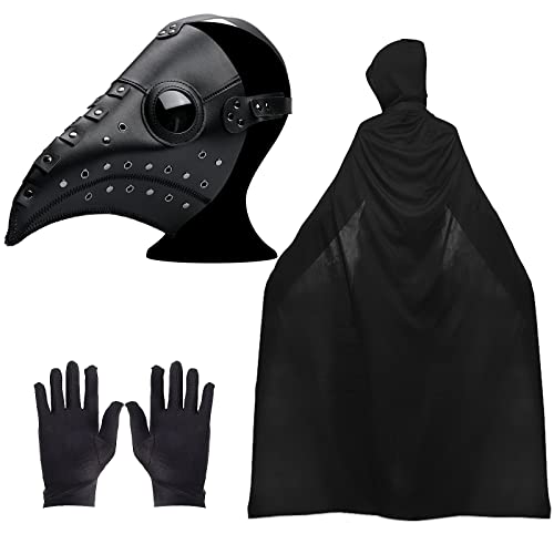 Pest Doktor Maske, Vogelmaske, Halloween Requisiten Kostüm Set, Halloween Cosplay Lange Nase Schnabel Cosplay Steampunk Maske mit schwarzem Kapuzenumhang, Schwarze Handschuhe für Halloween Party Pest Doktor Maske, Vogelmaske, Halloween Requisiten Kostüm Set, Halloween Cosplay Lange Nase Schnabel Cosplay Steampunk Maske mit schwarzem Kapuzenumhang, Schwarze Handschuhe für Halloween Party von Lifreer