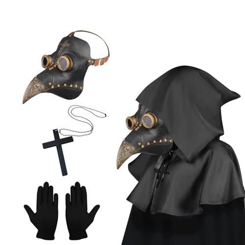 Pest Doktor Steampunk Vogel Maske für Halloween - Gold Maske mit Handschuhen & Kapuzenumhang für Erwachsene - Gothic Kostüm (Schwarz Gold) von Lifreer