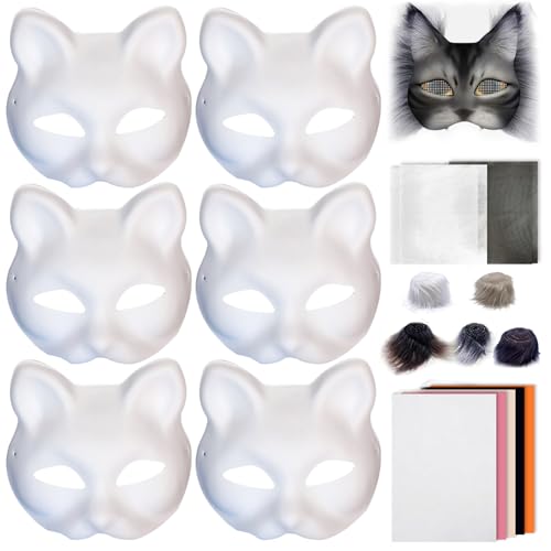 1Set Therian Mask Kit mit Wollstreifennetz Stoff halb Gesichtskatze Katze Maske Lustiges Kleid zum DIY Paint Therian für Halloween-Make-up-Rollenspiele Cosplay-Party, Katze von Ligeinsrk