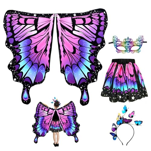 4PCS/Set Butterfly Costum für Mädchen, lila Schmetterlingsflügel mit Augenmaske, Haarband und Kleid für Mädchen Cosplay -Partygeschenke, Kostüm, für von Ligeinsrk