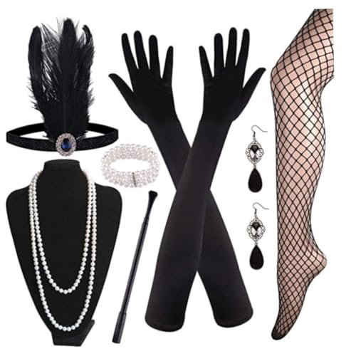 7 Stücke 1920er Flapper Great Accessoires Set Fashion Roaring 20 -Themen -Set mit Kopfband Kopfstücke Lange Schwarze Handschuhe Halskette Ohrringe für Frauen von Ligeinsrk