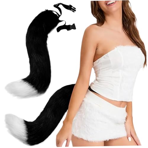 Fox Tail künstlich 20-Zoll-Pelzschwanz Realistisches Kunstpelz mit verstellbarem Taillengürtel eingebauter Rahmen dekorative Therian für Cosplay Halloween, Black + White Fox von Ligeinsrk