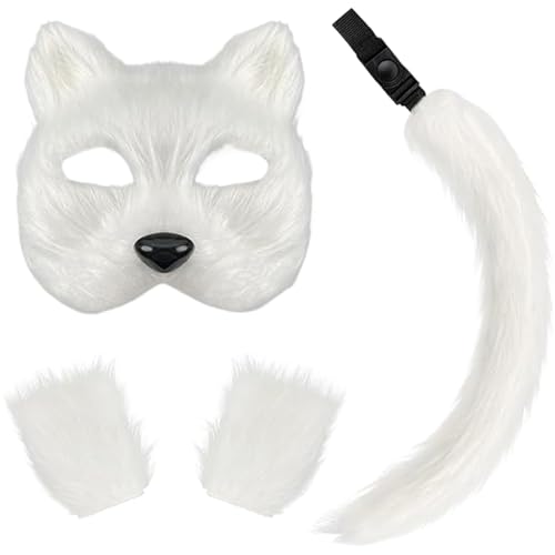 Ligeinsrk 3 PCs Therian Maske Faux Pelry Tail Gloves Set halb Gesichtsfuch von Ligeinsrk