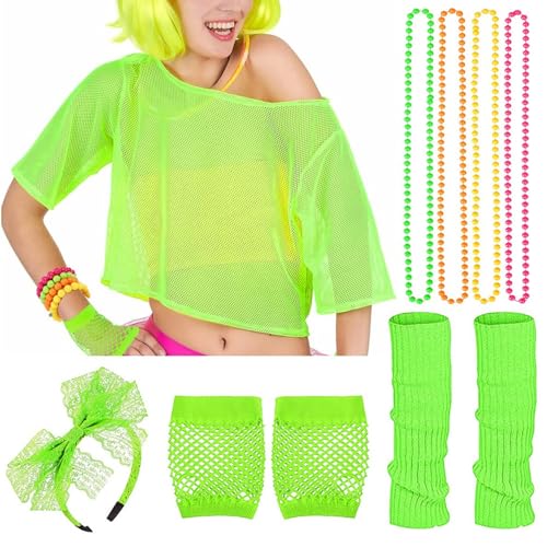 Ligeinsrk 80er Jahre Kleid für Frauen, 80er -Outfit -Kostüm umfassen Fishet -Oberteil, Stirnband, Halskette, Handschuhe und Beinwärme, Neon -Party -Kostüm -Outfits für Party, hellgrün, Kostümkleid von Ligeinsrk