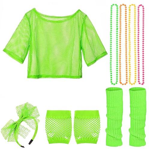 Ligeinsrk 80er Jahre Kleid für Frauen, Outfits -Kostüm umfassen Fishet -Top, Stirnband, Halskette, Handschuhe und Beinwärmer, Neonparty Party, hellgrün W von Ligeinsrk