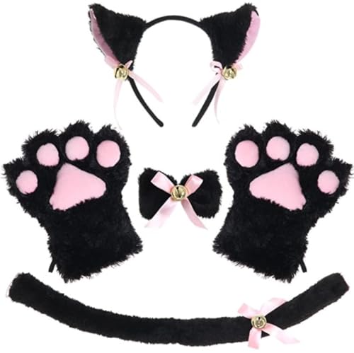 Ligeinsrk Cat Cosplay Set Plush Cat Ohrs Pfoten mit Halskette und Schwanz für Halloween -Weihnachtsfeier (schwarz) Klauenhandschuhe Set von Ligeinsrk