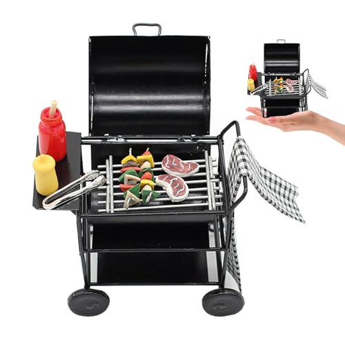 Ligeinsrk Dollhouse Kitchen Möbel 1:12 Puppenhaus Barbecue -Set mit Spieß Steak -Gewürzflaschen Handtuch Puppenhaus BBQ CART Accessoires für Kinder tun Play Dollhouse von Ligeinsrk