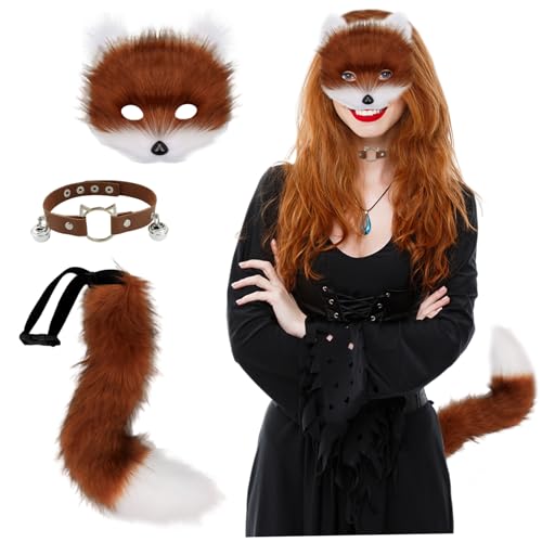 Ligeinsrk Faux Pelze Fuchsmaske mit Lederglockenkragen & flauschiger Schwanz für Halloween -Party -Cosplay, Brown Ligeinsrk Faux Pelze Fuchsmaske mit Lederglockenkragen & flauschiger Schwanz für Halloween -Party -Cosplay, Brown von Ligeinsrk