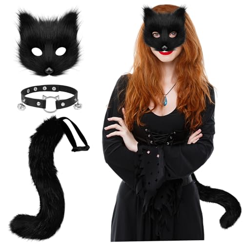 Ligeinsrk Faux Pelzen Fuchsmaske mit Lederglockenkragen & flauschiger Schwanz für Halloween -Party -Cosplay, schwarz Ligeinsrk Faux Pelzen Fuchsmaske mit Lederglockenkragen & flauschiger Schwanz für Halloween -Party -Cosplay, schwarz von Ligeinsrk