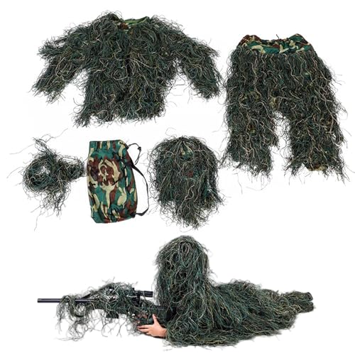 Ligeinsrk Ghillie-Anzug für Kinder, 5pcs/Set 3D-Tarnjagdkostüme mit Jacke, Hosen, Hood und Tragetasche für Halloween (130-150 cm) von Ligeinsrk