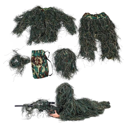 Ligeinsrk Ghillie-Anzug für Kinder, atmungsaktive 3D-Camo-Anzug, Jagdkleidung mit Jacke, Hose, Kapuze, Tragetasche, Ghillie (1, 3-1, 5 m) von Ligeinsrk