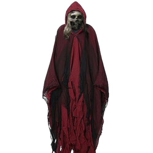 Ligeinsrk Halloween -Umhang mit Haube, 155 cm schäbigem Lappenumhang mit schwarzem Tüll, Zauberer Umhang, Kapkostüm für Erwachsene Cosplay (rot) von Ligeinsrk