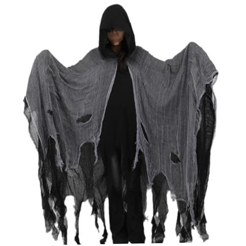 Ligeinsrk Halloween -Umhang mit Haube, 155 cm schäbigem Lappenumhang mit schwarzem Tüll, Zauberer Umhang, Kapkostüm für Erwachsene Cosplay (schwarz) von Ligeinsrk