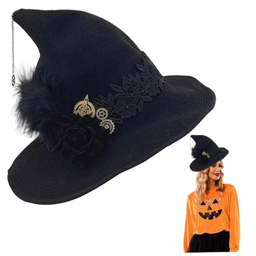 Ligeinsrk Hexenhut Filz Woll Hexenhut Erwachsener mit schwarzer Rosengestrickkappe für Zaubererkostüm, Cosplay, Halloween -Party und Ghost Festival, Hexen, Hexen von Ligeinsrk