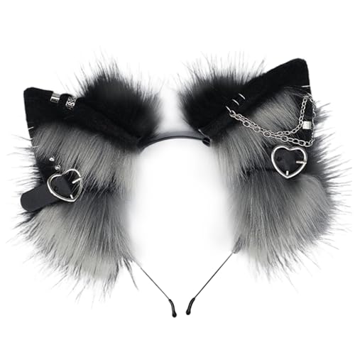 Ligeinsrk Katzenohren Stirnband, 1pcs pelzige Ohren Kopfbedeckung mit Metallherz und Kettendekor, Gothic Punk Therian, Tierhaarband für Cosplay -Kostüm, Schwarz und Grau Therian Ligeinsrk Katzenohren Stirnband, 1pcs pelzige Ohren Kopfbedeckung mit Metallherz und Kettendekor, Gothic Punk Therian, Tierhaarband für Cosplay -Kostüm, Schwarz und Grau Therian von Ligeinsrk