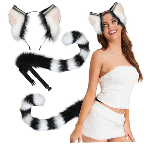 Ligeinsrk Katzenohren und Schwanz, pelzige elastische Katzenohren Stirnband und schwarzer weißer Schwanz mit verstellbarem Gürtel für Cosplay Party Halloween Kostüm, Halloween Dekorationen von Ligeinsrk