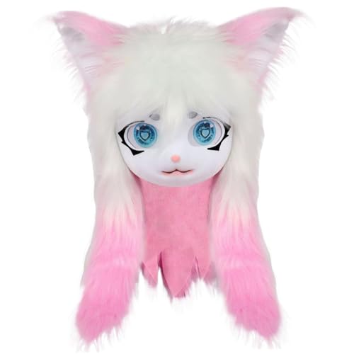 Ligeinsrk Pelziger Kopf, volle Kopfpelzmaske mit großen Augen, Ohren und langem Haar, Tierfursuit -Maskenkostüm für Halloween Maskerade Cosplay -Kostümprops, Style 2, Fursuit von Ligeinsrk