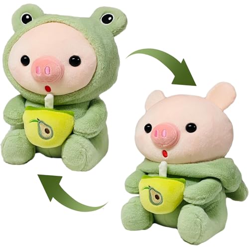 Ligeinsrk Schwein gefülltes Tier 9.8 '' süßes Ferkel Stofftier Trinken Milch Tee Weiches Schweinplüschspielzeug mit abnehmbaren Froschkleidung für Kinderliebhaber von Ligeinsrk