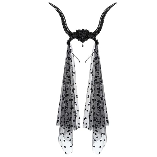 Ligeinsrk Teufelshörner Stirnband, gotische schwarze Hexenhörner Kopfstück mit Blume und Schleier für Frauen Halloween Cosplay Ligeinsrk Teufelshörner Stirnband, gotische schwarze Hexenhörner Kopfstück mit Blume und Schleier für Frauen Halloween Cosplay von Ligeinsrk