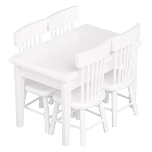 Miniatur Dining White Tisch Stuhl Dollhouse Stylish Mini Tragbare Holzmöbel Set für Mädchen 5pcs Dollhouse Esstischstuhl von Ligeinsrk