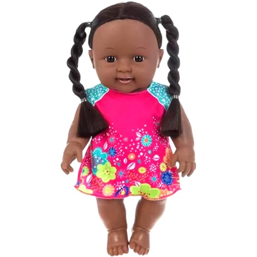 Schwarze Babypuppen, 12 Zoll Amerikaner Afrikaner realistischer Babypuppen mit Kleid, beweglicher Gelenk und doppelter Pferdeschwanzgeflecht dunkle Hautpuppe für Kindergeschenke, schwarze Puppen von Ligeinsrk