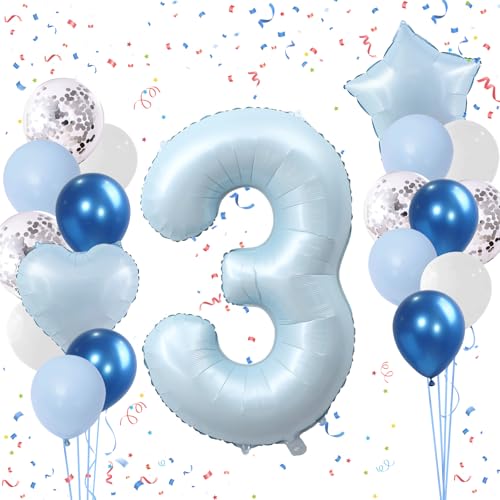 Ligtmor 101cm Blau Luftballon 3 Jahre, 40" Zahlen Luftballon 3, Folienballon 3 Geburtstag Mädchen, Blau Helium 3 Ballon zum Mann Frau Geburtstagsdeko Jubiläum Party Deko von Ligtmor