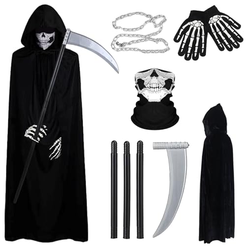 Ligtmor Halloween Kostüm Herren, Sensenmann Kostüm Herren, Bestehend aus Sensenmann Umhang, Halloween Sense und Handschuhen, Ketten und Halloween Maske für Halloween Party Cosplay Ligtmor Halloween Kostüm Herren, Sensenmann Kostüm Herren, Bestehend aus Sensenmann Umhang, Halloween Sense und Handschuhen, Ketten und Halloween Maske für Halloween Party Cosplay von Ligtmor