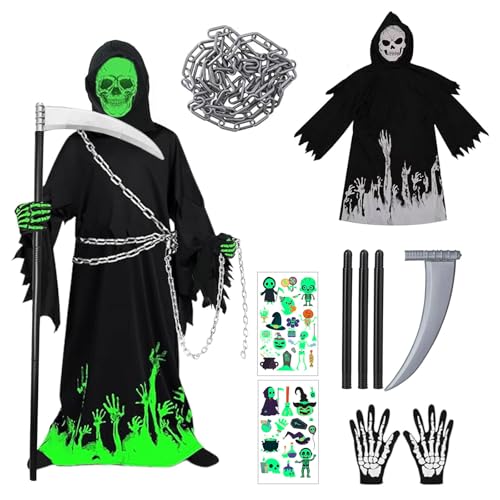 Ligtmor Halloween Sensenmann Kostüm Kinder, Sense Kostüm Kinder, mit Sensenmann Sense + Eisenkette + Handschuhen+Im Dunkeln leuchtende Aufkleber, Halloween Party kostüme, Horror Kostüm Kids von Ligtmor