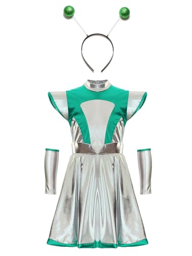LiiYii Alien Kinder Verkleidung Alien Mädchen Kleid Mit Stirnband Karneval Astronauten Kostüm Halloween Auftritt Grün 158-164 von LiiYii