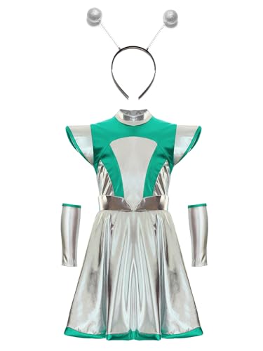 LiiYii Alien Kinder Verkleidung Alien Mädchen Kleid Mit Stirnband Karneval Astronauten Kostüm Halloween Auftritt Grün Silber 110-116 LiiYii Alien Kinder Verkleidung Alien Mädchen Kleid Mit Stirnband Karneval Astronauten Kostüm Halloween Auftritt Grün Silber 110-116 von LiiYii