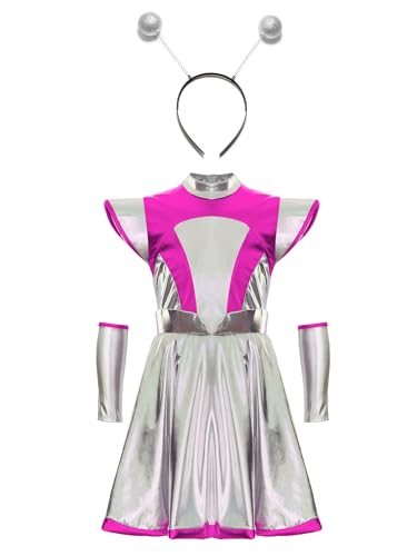 LiiYii Alien Kinder Verkleidung Alien Mädchen Kleid Mit Stirnband Karneval Astronauten Kostüm Halloween Auftritt Rosa 158-164 von LiiYii
