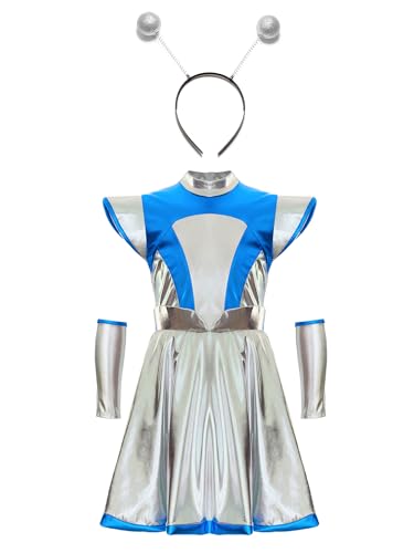 LiiYii Alien Kinder Verkleidung Alien Mädchen Kleid Mit Stirnband Karneval Astronauten Kostüm Halloween Auftritt Silber 170 von LiiYii