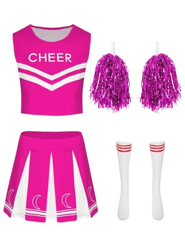 LiiYii Cheer Leader Kostüm Ärmellose Tank Top mit Minirock Cheerleading Tanzkleid Schulmädchen Uniform Rave Party Halloween Faschingskostüm Clubwear Hot Pink XL von LiiYii