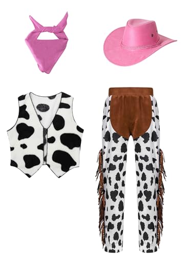 LiiYii Cowboy Kostüm Für Jungen Mädchen Kinder Cowboy Outfit Mit Hut Bandana Accessoires Karneval Halloween Weihnachten Rosa 110-116 von LiiYii