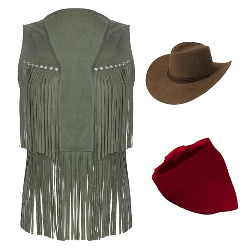 LiiYii Cowboy Weste Für Damen Mit Fransen Und Cowboy Hut Kostüm Für Erwachsene Halloween Karneval Armeegrün L LiiYii Cowboy Weste Für Damen Mit Fransen Und Cowboy Hut Kostüm Für Erwachsene Halloween Karneval Armeegrün L von LiiYii