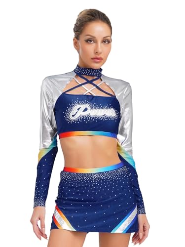 LiiYii Damen Cheerleading Kostüm Glitzer Cheer Leader Uniform Langarm Crop Top mit Minirock Tanzkostüm Halloween Clubwear Navy blau XXL LiiYii Damen Cheerleading Kostüm Glitzer Cheer Leader Uniform Langarm Crop Top mit Minirock Tanzkostüm Halloween Clubwear Navy blau XXL von LiiYii