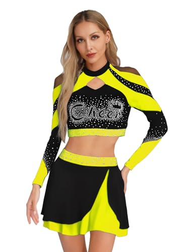 LiiYii Damen Glitzer Cheer Leader Kostüm Cheerleading Uniform Langarm Crop Top mit Mini Rock Tanzkostüm Karneval Fasching Clubwear Fluoreszierendes Gelb S LiiYii Damen Glitzer Cheer Leader Kostüm Cheerleading Uniform Langarm Crop Top mit Mini Rock Tanzkostüm Karneval Fasching Clubwear Fluoreszierendes Gelb S von LiiYii