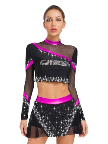 LiiYii Damen Glitzer Cheer Leader Kostüm Cheerleading Uniform Langarm Crop Top mit Minirock Tanzkostüm Halloween Mottopartys Hot Pink XXL LiiYii Damen Glitzer Cheer Leader Kostüm Cheerleading Uniform Langarm Crop Top mit Minirock Tanzkostüm Halloween Mottopartys Hot Pink XXL von LiiYii