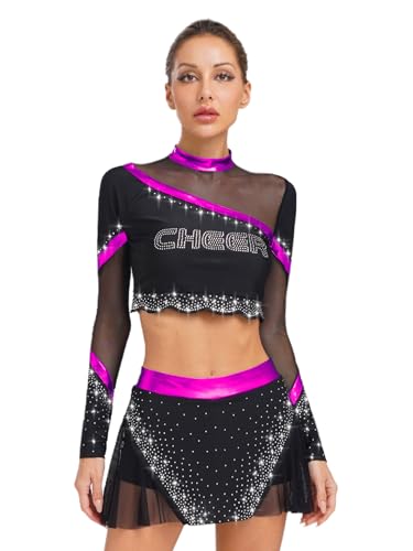 LiiYii Damen Glitzer Cheer Leader Kostüm Cheerleading Uniform Langarm Crop Top mit Minirock Tanzkostüm Halloween Mottopartys Violett L von LiiYii