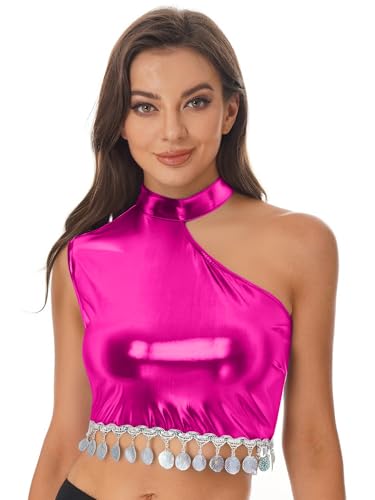 LiiYii Damen Glitzer Metallic Crop Top EIN-Schulter Bauchtanztop mit Halskette Ärmellose Bauchfreie Oberteile Disco Kostüm Clubwear Hot Pink XXL LiiYii Damen Glitzer Metallic Crop Top EIN-Schulter Bauchtanztop mit Halskette Ärmellose Bauchfreie Oberteile Disco Kostüm Clubwear Hot Pink XXL von LiiYii