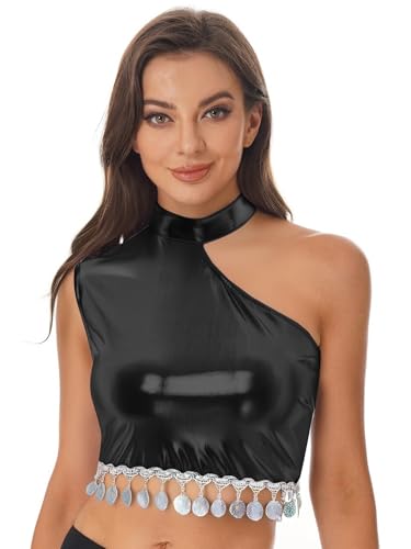 LiiYii Damen Glitzer Metallic Crop Top EIN-Schulter Bauchtanztop mit Halskette Ärmellose Bauchfreie Oberteile Disco Kostüm Clubwear Schwarz L LiiYii Damen Glitzer Metallic Crop Top EIN-Schulter Bauchtanztop mit Halskette Ärmellose Bauchfreie Oberteile Disco Kostüm Clubwear Schwarz L von LiiYii