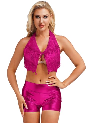 LiiYii Damen Glitzer Pailletten Crop Top mit Metallic Shorts Rückenfrei Weste Clubwear Rave Outfit Nachtclubs Karneval Kostüm Hot Pink XL LiiYii Damen Glitzer Pailletten Crop Top mit Metallic Shorts Rückenfrei Weste Clubwear Rave Outfit Nachtclubs Karneval Kostüm Hot Pink XL von LiiYii