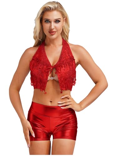 LiiYii Damen Glitzer Pailletten Crop Top mit Metallic Shorts Rückenfrei Weste Clubwear Rave Outfit Nachtclubs Karneval Kostüm Rot M LiiYii Damen Glitzer Pailletten Crop Top mit Metallic Shorts Rückenfrei Weste Clubwear Rave Outfit Nachtclubs Karneval Kostüm Rot M von LiiYii