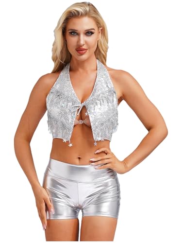 LiiYii Damen Glitzer Pailletten Crop Top mit Metallic Shorts Rückenfrei Weste Clubwear Rave Outfit Nachtclubs Karneval Kostüm Silber M LiiYii Damen Glitzer Pailletten Crop Top mit Metallic Shorts Rückenfrei Weste Clubwear Rave Outfit Nachtclubs Karneval Kostüm Silber M von LiiYii