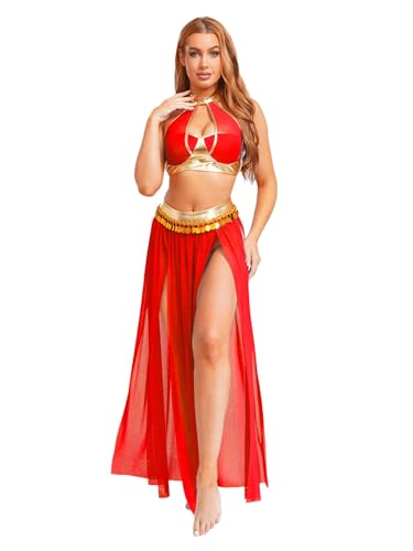LiiYii Damen Pailletten Bauchtanz Kostüm Arabische Prinzessin Kostüm Rückenfrei Crop Top Geschlitztes Rock Cosply Karneval Clubwear Rot M LiiYii Damen Pailletten Bauchtanz Kostüm Arabische Prinzessin Kostüm Rückenfrei Crop Top Geschlitztes Rock Cosply Karneval Clubwear Rot M von LiiYii