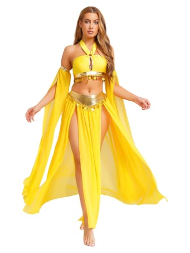 LiiYii Damen Pailletten Bauchtanz Kostüm Glitzer Arabische Prinzessin Kostüm Rückenfrei Crop Top mit Tanzrock Push Up Bh Cosply Halloween Karneval Clubwear Gelb XXL LiiYii Damen Pailletten Bauchtanz Kostüm Glitzer Arabische Prinzessin Kostüm Rückenfrei Crop Top mit Tanzrock Push Up Bh Cosply Halloween Karneval Clubwear Gelb XXL von LiiYii