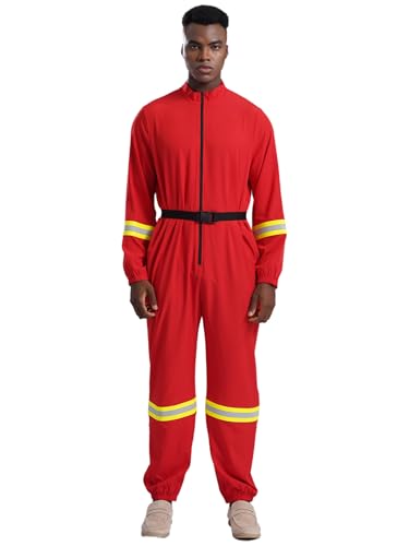 LiiYii Feuerwehr Kostüm Fieber Für Männer Feuerfester Overall Ganzkörperanzug Mit Reißverschluss Und Gürtel Feuerwehruniform Rollenspiel Kostüm Für Karneval Rot L von LiiYii