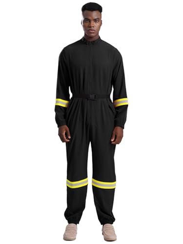 LiiYii Feuerwehr Kostüm Fieber Für Männer Feuerfester Overall Ganzkörperanzug Mit Reißverschluss Und Gürtel Feuerwehruniform Rollenspiel Kostüm Für Karneval Schwarz XL von LiiYii